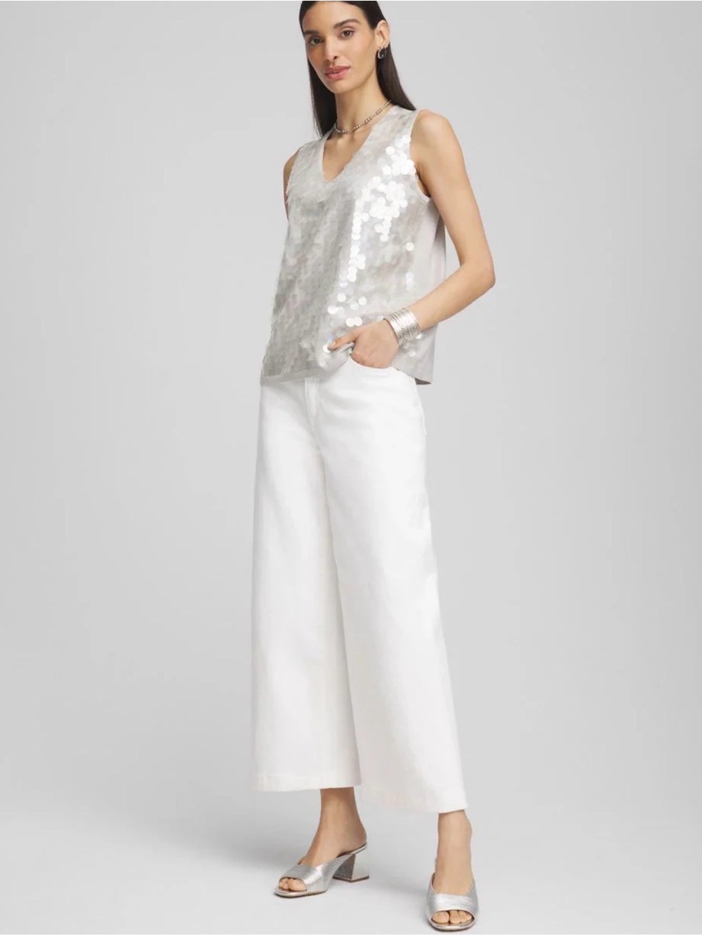 Chico’s Iridescent Paillette Sequin V Neck Tank Silver Size 0 S